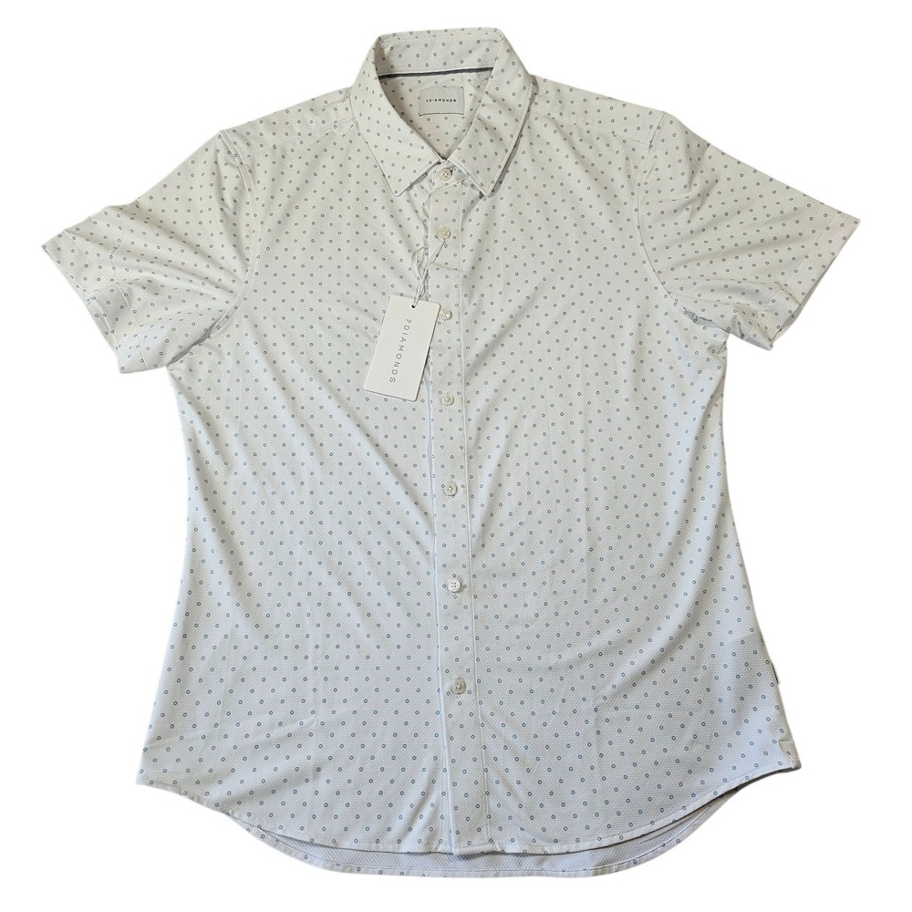 7Diamonds Alfie Mens Short Sleeve Button Down Shirt White Geometric Print Med